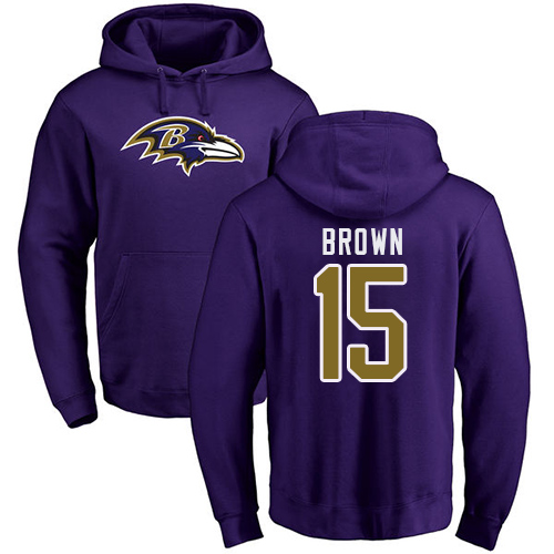 Men Baltimore Ravens Purple Marquise Brown Name and Number Logo NFL Football 15 Pullover Hoodie Sweatshirt